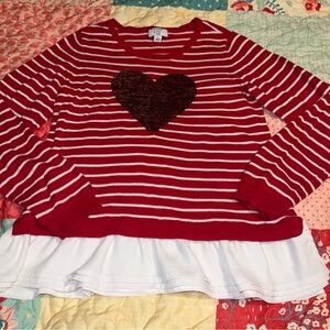 ❤️ Crown & Ivy Shirt Girls Size L Large Sequin Heart Red White Valentine’s